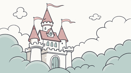 Castle in the Clouds: A whimsical hand-drawn illustration of a fairytale castle soaring through the clouds, evoking a sense of wonder and enchantment.  