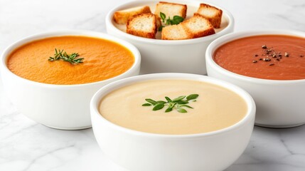 Assorted Pumpkin Soup Servings with Croutons and Fresh Herbs in White Bowls on Marble Surface, Perfect for Autumn and Thanksgiving Celebrations, Highlighting Seasonal Flavors and Cozy Comfort