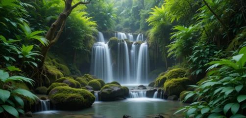 Water flows gracefully over a series of rocks in a tranquil rainforest. Surrounding the falls, vibrant foliage thrives in the humid atmosphere, creating a serene oasis