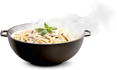 Chicken Alfredo Pasta Steaming pasta bowl warmth inviting aroma, Isolated on Transparent Background PNG Format, AI Generated, Clip Art Cutout Graphics Element Removed