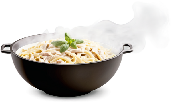 Chicken Alfredo Pasta Steaming pasta bowl warmth inviting aroma, Isolated on Transparent Background PNG Format, AI Generated, Clip Art Cutout Graphics Element Removed