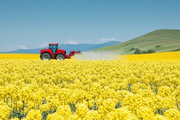 Fototapeta premium Red Tractor Spraying Pesticide on Vibrant Yellow Flowering Field