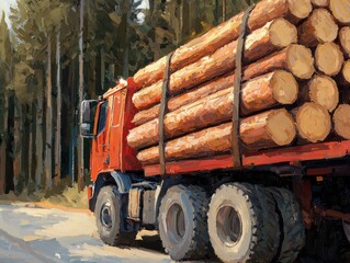 Obraz premium Red Truck Transporting Timber Through Forest Area on Dirt Road