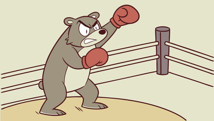 Bear Boxing Champion: A fierce and determined cartoon bear, clad in red boxing gloves, stands ready to fight in the ring.  His intense gaze and powerful stance convey his unwavering fighting spirit. 