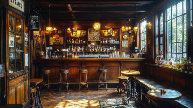 Cozy Traditional British Pub Interior with Wooden Paneling, Vintage Decor, and Warm Ambiance for Relaxing Evenings