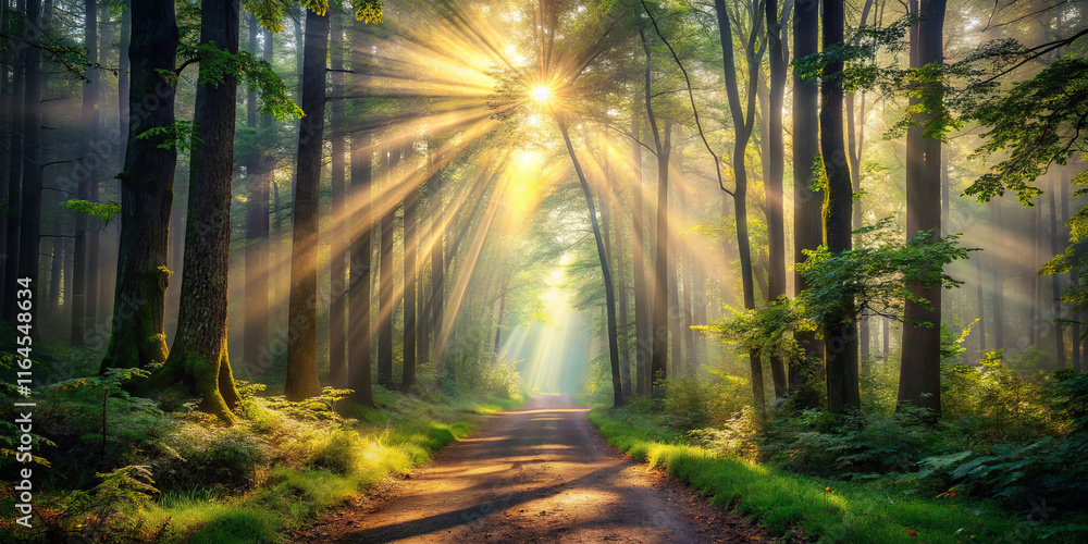 Poster a tranquil forest path leads through tall trees, where sunlight breaks through the canopy creating a