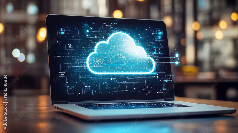 Poster laptop displaying cloud computing diagram in modern office setting with digital data icons at night,