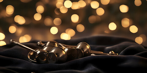 Elegant handbells resting on a soft velvet cloth, illuminated by the warm glow of holiday lights in the background