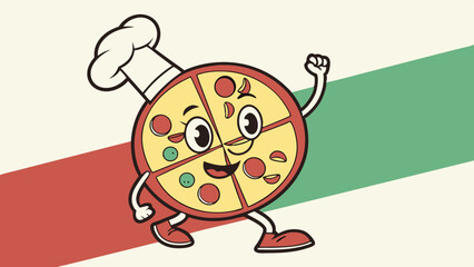 Pizza Party: A cheerful pizza cartoon character in a chef's hat,  with a happy and animated expression, ready to deliver delicious pizza goodness.