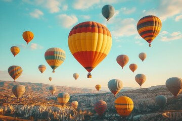 Obraz premium Hot air balloons drifting over a vibrant landscape during a colorful festival at sunrise