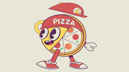 Pizzaiolo Cartoon Character: A cheerful pizza slice character with a delivery cap, ready to bring the cheesy goodness. This fun illustration is perfect for menus, websites, and branding materials. 