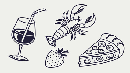 Delicious Delights: A set of four hand-drawn illustrations, showcasing a glass of wine, a lobster, a strawberry, and a slice of pizza. Perfect for adding a touch of culinary charm to any project. 