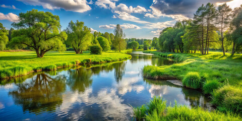 Fototapeta premium A tranquil river winds through a vibrant green landscape, surrounded by trees under a bright blue sky. The sunlight creates reflections on the water's surface, enhancing the peaceful atmosphere