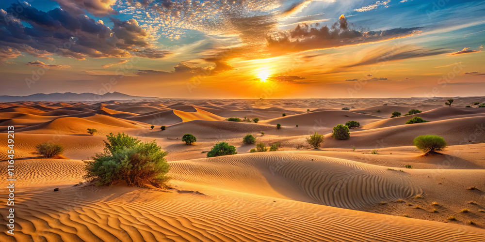 Poster the warm glow of the setting sun illuminates the undulating sand dunes, creating a serene atmosphere