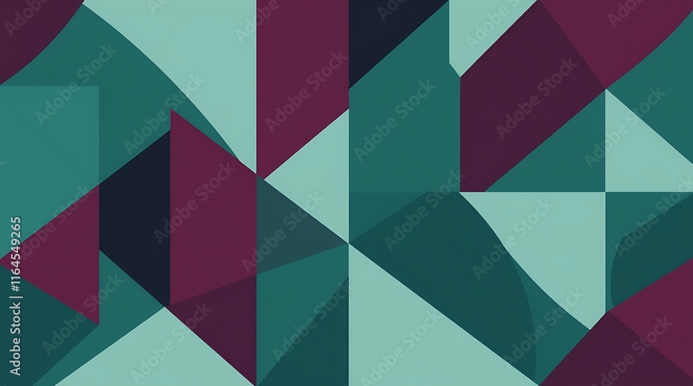 Poster abstract geometric pattern: a captivating blend of teal, burgundy, and navy triangles interlock in a