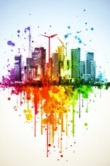 Obraz premium Sustainable Future, Colorful Cityscape Watercolor With Renewable Energy, eco Friendly Concept.