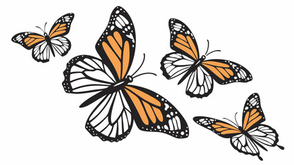 Monarch Butterfly Flight: A delicate ballet of four monarch butterflies in flight, their wings a vibrant orange and black against a white background, symbolizing freedom and transformation. 