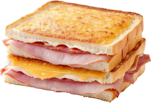 Croque Monsieur Golden crust cheese layers ham slices, Isolated on Transparent Background PNG Format, AI Generated, Clip Art Cutout Graphics Element Removed