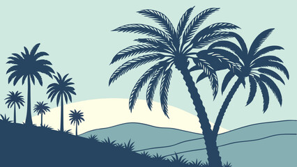 Tranquil Palm Grove Sunset: Serene vector illustration of a picturesque palm grove at sunset, evoking feelings of peace and tranquility. Perfect for travel, vacation, or relaxation themes. 