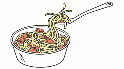 Spaghetti with Tomato Sauce: A simple illustration of spaghetti with tomato sauce being lifted from a pot with a spoon. The image evokes the warmth and comfort of a home-cooked meal.  