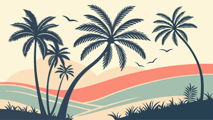 Tropical Paradise: A vibrant illustration of palm trees silhouetted against a breathtaking sunset, evoking a sense of tranquility and escape to a tropical paradise. 