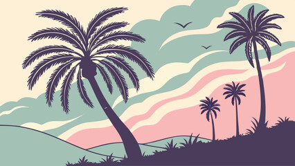 Tranquil Sunset Palm Silhouette: Serene sunset landscape with palm trees, hills, and a pastel sky.  Perfect for travel, vacation, or relaxation themes. 