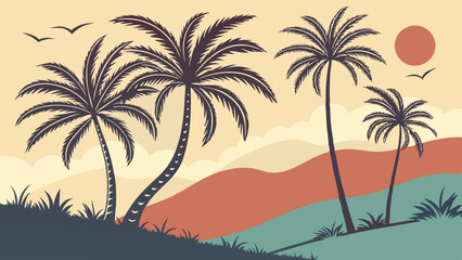 Tropical Sunset Paradise: Palm trees sway against a vibrant sunset, creating a tranquil escape with a vintage aesthetic. The scene evokes a sense of serenity and escapism, perfect for travel, nature.