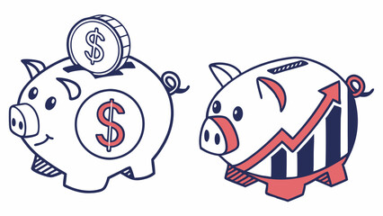 Piggy Bank Savings Growth: A whimsical illustration of two piggy banks, one with a coin on top and the other with a graph showing upward growth.