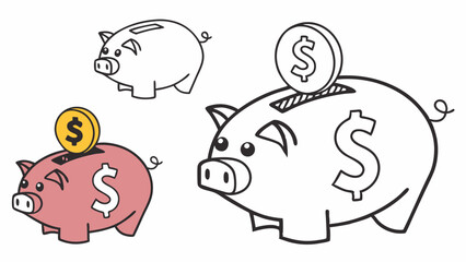 Piggy Bank Savings Illustration: A collection of cute piggy bank illustrations, including a pink piggy bank with a coin slot and a dollar sign on the side. The illustration is perfect for kids' books.