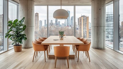 Modern office conference room with city view.