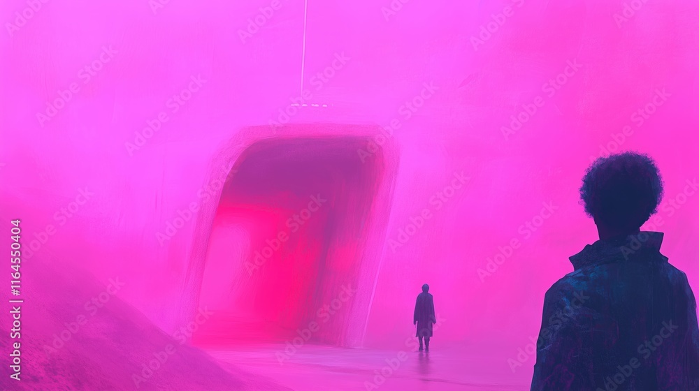 Poster concept art of a surreal futuristic world with vibrant pink atmosphere and unknown figures in abstra