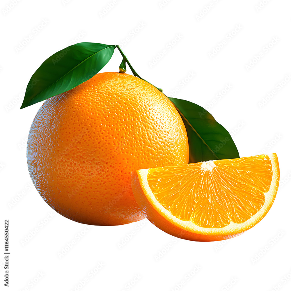Poster orange with fresh green leaf isolated on transparent background generative ai.