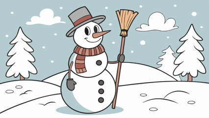 Smiling Snowman with Broom in Winter Landscape