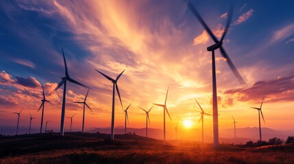 Wind turbines on a hill during a vibrant sunset