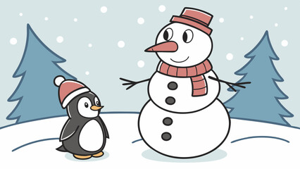 Snowy Friends: A penguin and snowman stand together in a snowy landscape, their matching red hats adding a touch of festive cheer. The illustration is simple yet charming.