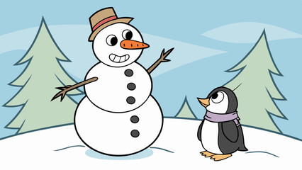 Snowman and Penguin Friends: A friendly snowman and penguin stand side by side in a snowy winter wonderland, showcasing a heartwarming scene of companionship and winter cheer.  