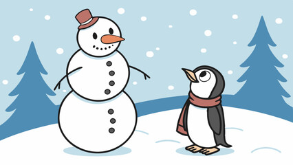 Winter Wonderland Friends: Snowman and Penguin in Snowy Landscape 
