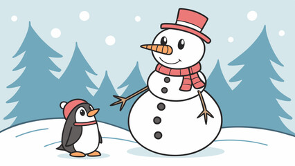 Snowman and Penguin Friends: A charming illustration of a friendly snowman and penguin, standing together in a snowy winter wonderland.