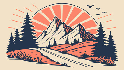 Mountain Road Sunset: Vintage illustration of a scenic road winding through a mountain landscape at sunset. Perfect for travel, adventure, and nature themes. 