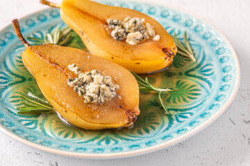 Poached pear with roquefort