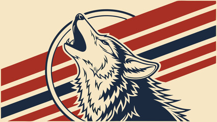 Vintage Wolf Howl: A nostalgic and powerful image of a wolf howling at the moon, set against a vintage-inspired backdrop of red and blue stripes. This graphic design evokes a sense of wildness. © TShirt Empire