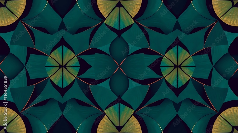 Poster abstract kaleidoscope pattern: a captivating blend of emerald and gold hues creates a mesmerizing ka