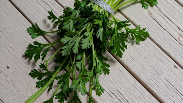 Fresh parsley and dill bunch placed on a rustic wooden surface, vibrant and natural