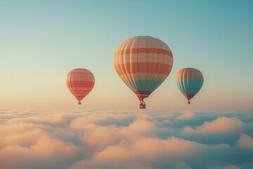 Naklejka premium Hot air balloons float above a vibrant sky during an early morning festival in autumn