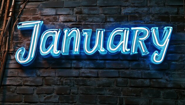 January Neon Sign, Cool Blue and White Lettering on a Textured Background, Vintage Vibe