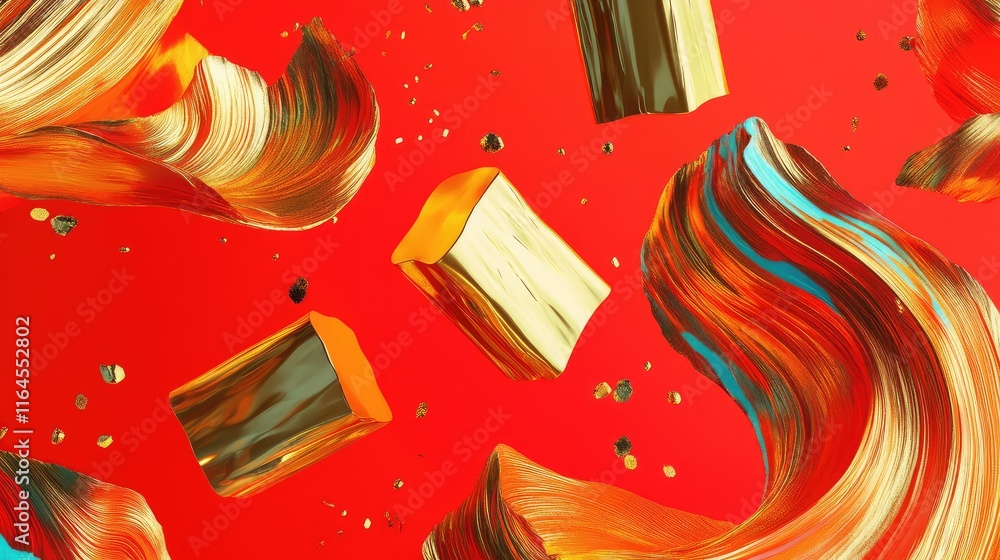 Poster surreal design with floating golden ingots and abstract red brushstrokes forming vibrant patterns.