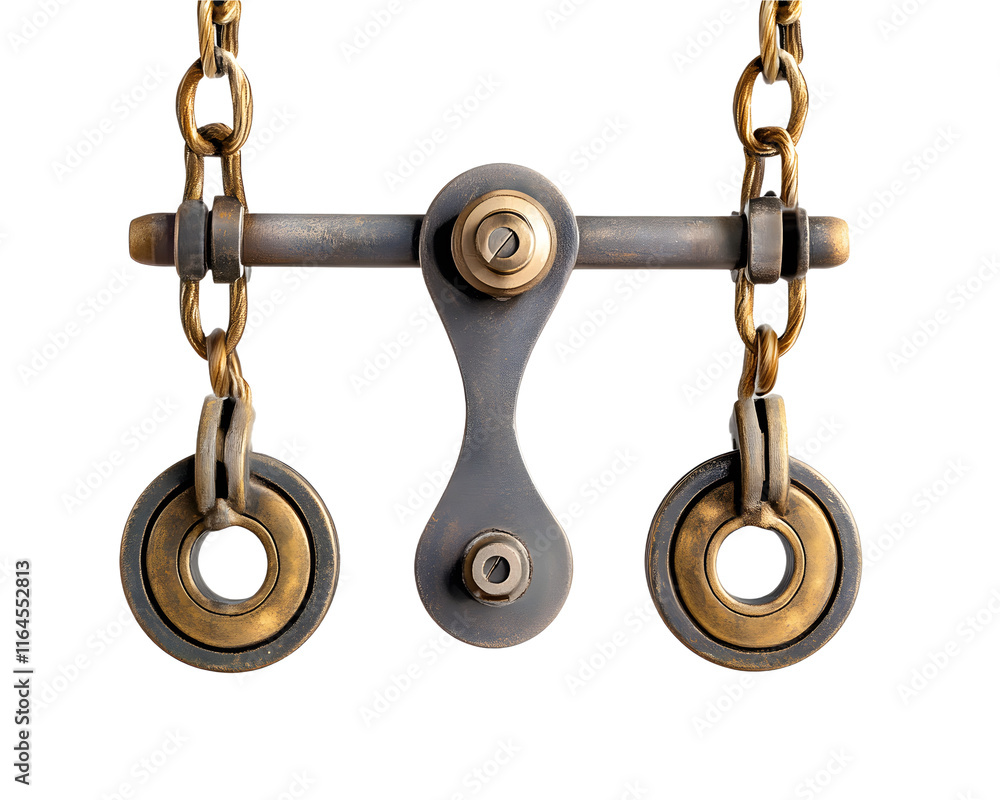 Poster a close-up view of a modern pulley system with robust metal components, showcasing strength and func