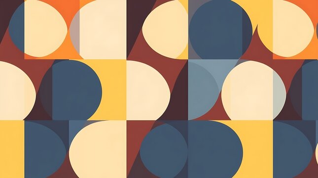Mid-Century Modern Geometric Pattern: Abstract art featuring overlapping circles and squares in a retro color palette of warm yellows, oranges, deep blues, and browns.