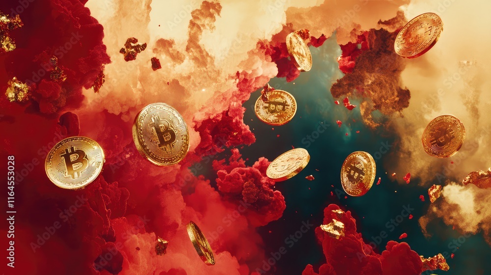 Poster surreal design with fragmented golden coins and abstract red textures floating in a vibrant composit