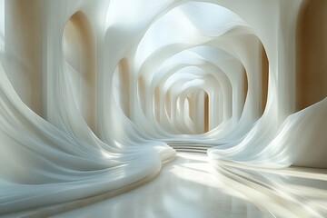 Abstract white architectural hallway with flowing curves and soft light.